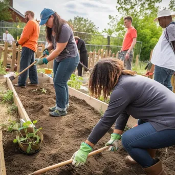 Community garden project with volunteers planting and tending to vegetables - Image 4