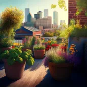 Image of a tranquil rooftop garden with colorful flowers and herbs in an urban setting - Image 2