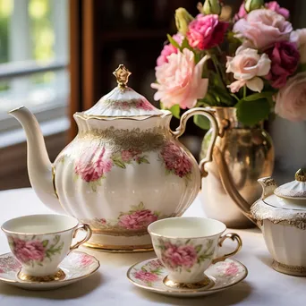 Elegant teapot and teacups surrounded by flowers for afternoon tea. - Image 1