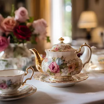 Elegant teapot and teacups surrounded by flowers for afternoon tea. - Image 3