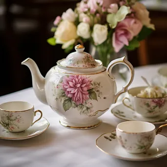 Elegant teapot and teacups surrounded by flowers for afternoon tea. - Image 4