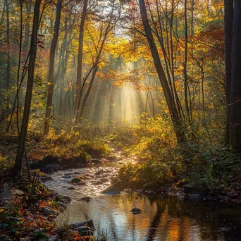 Woodland clearing in autumn with colorful leaves and a small creek. - Image 1