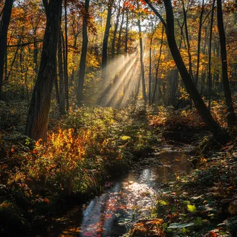 Woodland clearing in autumn with colorful leaves and a small creek. - Image 3