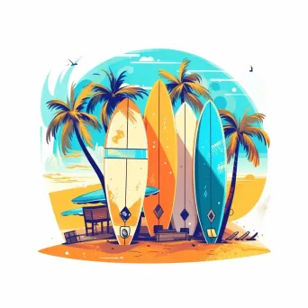 Surf Shop Logo with Surfboards on Sandy Beach - Image 1