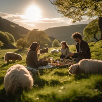 Traditional shepherd family picnic on grassy hill with grazing sheep - Image 1