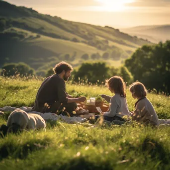 Traditional shepherd family picnic on grassy hill with grazing sheep - Image 2