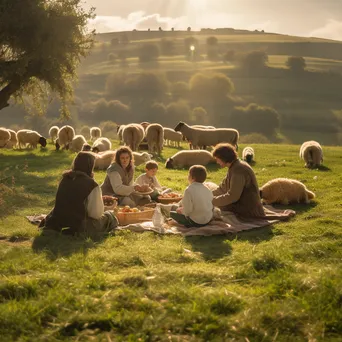 Traditional shepherd family picnic on grassy hill with grazing sheep - Image 4