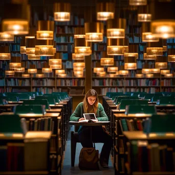 Student studying in a cozy library nook surrounded by bookshelves. - Image 2