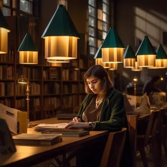 Student studying in a cozy library nook surrounded by bookshelves. - Image 4