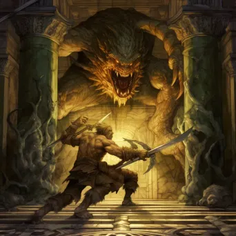 Mythical hero grappling with monstrous foe in dimly lit medieval setting - Image 1