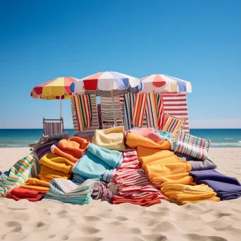 Aerial view of colorful beach towels, umbrellas, and beach chairs on a sandy beach - Image 1