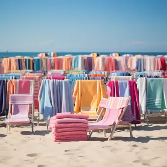 Aerial view of colorful beach towels, umbrellas, and beach chairs on a sandy beach - Image 2