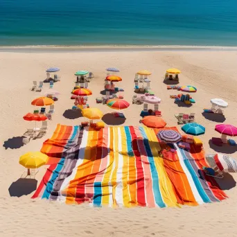 Aerial view of colorful beach towels, umbrellas, and beach chairs on a sandy beach - Image 3