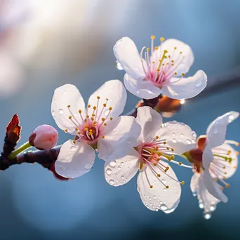 Close-up of dew-kissed cherry blossoms in morning light - Image 1