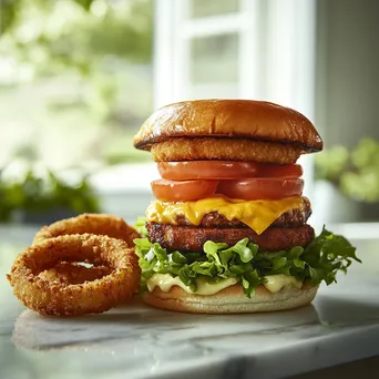 Stacked homemade burger with onion rings - Image 1