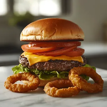 Stacked homemade burger with onion rings - Image 2