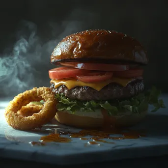 Stacked homemade burger with onion rings - Image 4