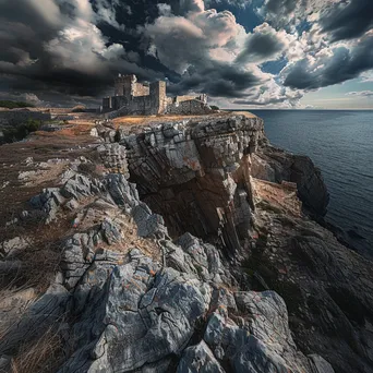 Old fortress ruins on a rocky cliff with dramatic clouds - Image 1