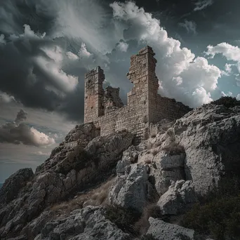 Old fortress ruins on a rocky cliff with dramatic clouds - Image 4