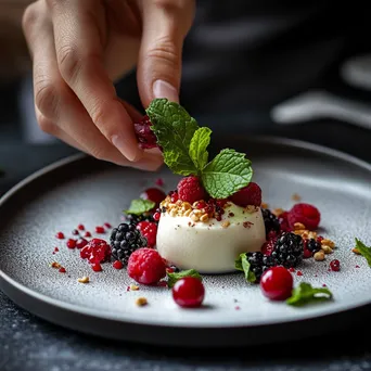 Beautifully garnished dessert with berries and mint leaves - Image 1