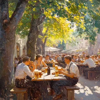 Summer gathering in a German beer garden with steins clinking and pretzels being shared - Image 4