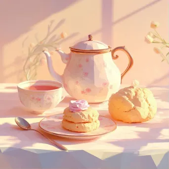 Afternoon tea setup with teapot and scones represented in pastel-toned, low poly style - Image 1