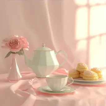 Afternoon tea setup with teapot and scones represented in pastel-toned, low poly style - Image 3