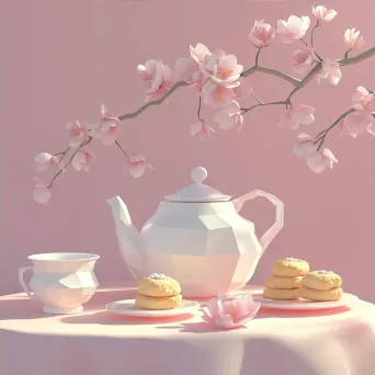 Afternoon tea setup with teapot and scones represented in pastel-toned, low poly style - Image 4