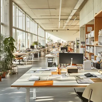 Collaborative office space with organized desks and shared office supplies - Image 1