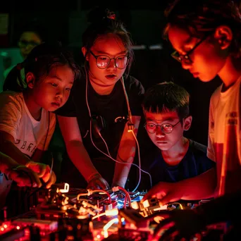 Students collaborating in a robotics workshop guided by a teacher. - Image 1