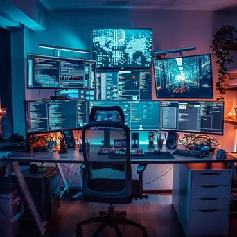 Home office with multiple screens and smart devices in cool light - Image 3