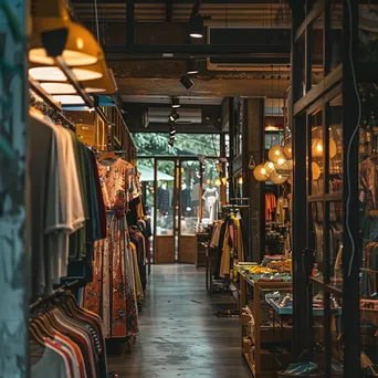 Interior of a clothing store featuring diverse clothing styles and bright displays. - Image 1