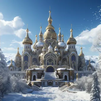 Ornate Russian Orthodox church with golden domes in a snowy landscape - Image 2