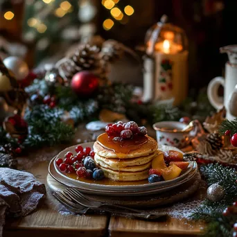 Christmas breakfast table with pancakes and decorations - Image 1