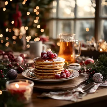 Christmas breakfast table with pancakes and decorations - Image 3