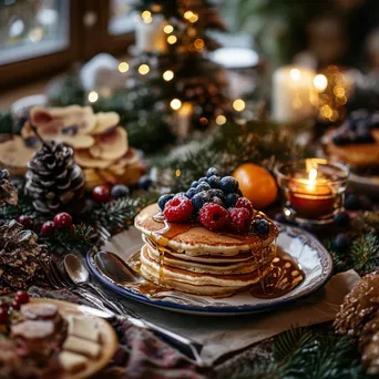 Christmas breakfast table with pancakes and decorations - Image 4