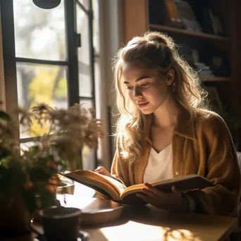 A young woman reading a book in a café with sunlight streaming through the window. - Image 1