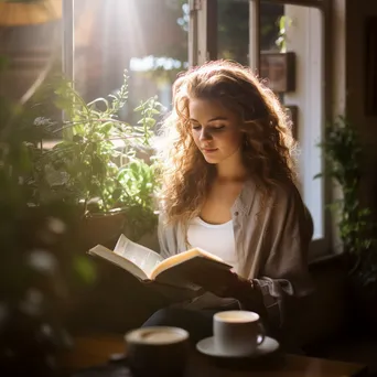 A young woman reading a book in a café with sunlight streaming through the window. - Image 2