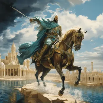 Fantasy-inspired portrayal of Saladin in triumph against an ancient Middle Eastern cityscape - Image 1