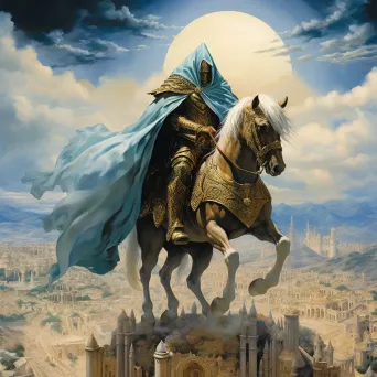 Fantasy-inspired portrayal of Saladin in triumph against an ancient Middle Eastern cityscape - Image 2