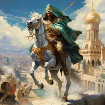 Fantasy-inspired portrayal of Saladin in triumph against an ancient Middle Eastern cityscape - Image 4