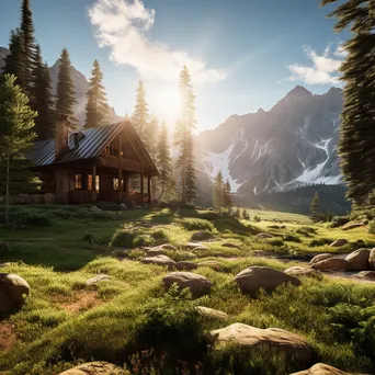 Wooden cabin in mountain valley surrounded by pine trees - Image 1