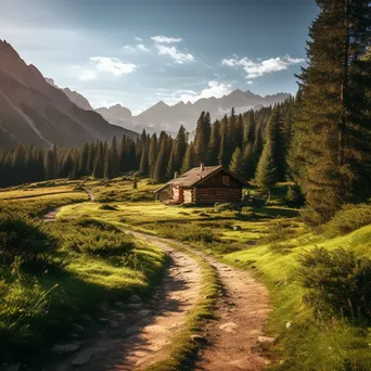 Wooden cabin in mountain valley surrounded by pine trees - Image 2