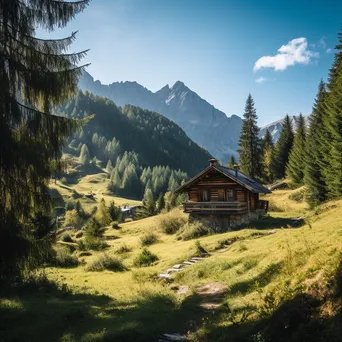 Wooden cabin in mountain valley surrounded by pine trees - Image 3