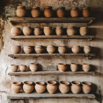 Clay Pots on Rustic Shelves