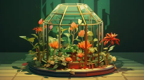 Isometric view of a lush low poly greenhouse under a glass dome - Image 1