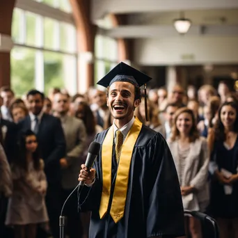 Graduate giving speech in front of a diverse student body - Image 1