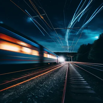 Long exposure photo of train light trails at night - Image 2