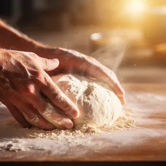 Close-up of hands kneading dough on flour-dusted surface - Image 1