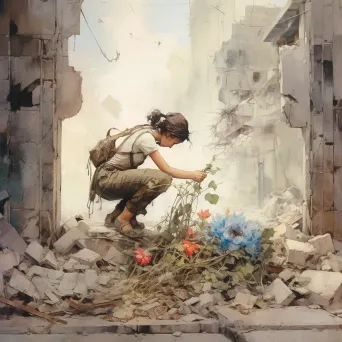 Image of flowers being planted in the cracks of a war-torn street. - Image 1